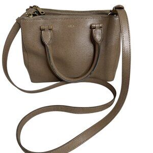 Ralph Lauren Taupe Textured Leather Mini Crossbody Handbag With Dual Zipper Comp